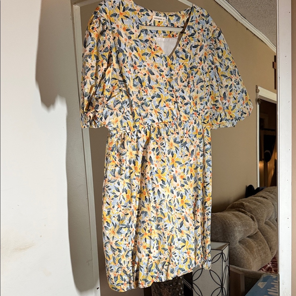 Yellow Floral Puff-Sleeve Mini Dress